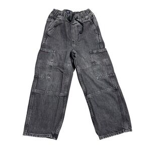 Gap Kids Baggy Cargo Jeans Washed Black Gray‎ Elastic Waist Denim Pants S 6-7